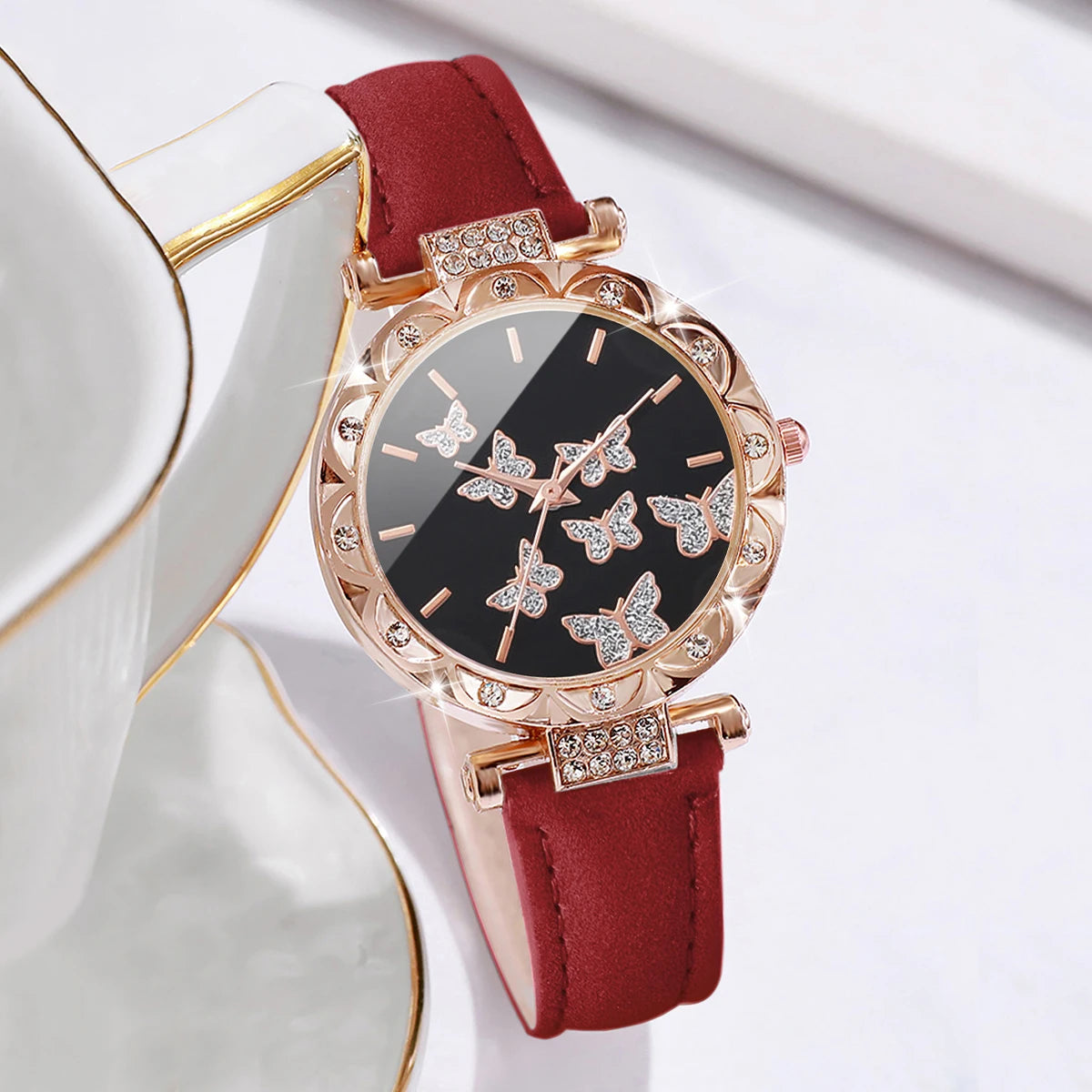 Luxury Women’s Watch & Jewelry Set – Butterfly Red Edition (5PCS)