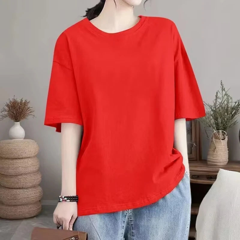 Women's Summer Basic T-Shirt Short Sleeve 100% Cotton Soft Plain Top Casual Sports Loose Comfortable Breathable T-Shirt