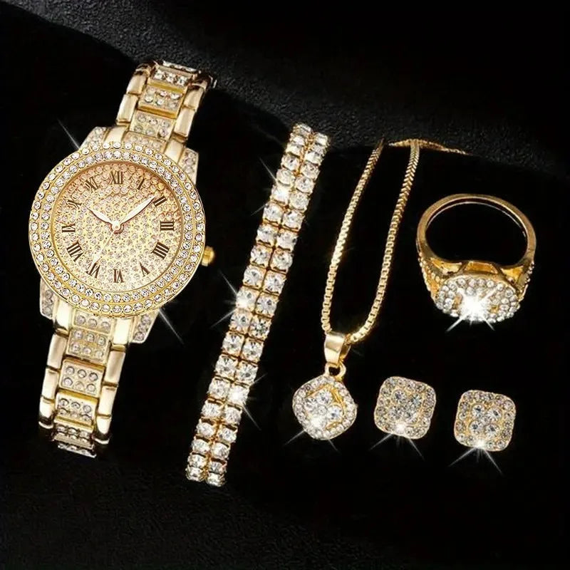 Luxury Watch & Jewelry Set – Gold, Silver & Rose Gold Bling Edition (5PCS)