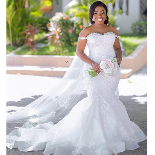 Custom Plus Size Bridal Gown – Elegant Off-Shoulder Mermaid Wedding Dress