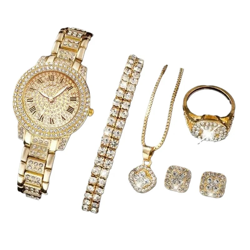 Luxury Watch & Jewelry Set – Gold, Silver & Rose Gold Bling Edition (5PCS)