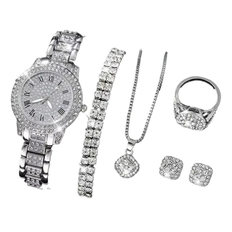 Luxury Watch & Jewelry Set – Gold, Silver & Rose Gold Bling Edition (5PCS)