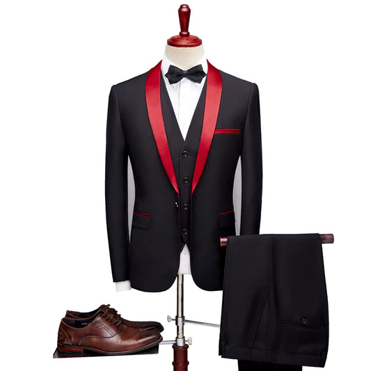 Luxury 3-Piece Black & Red Men’s Suit | Wedding & Special Events