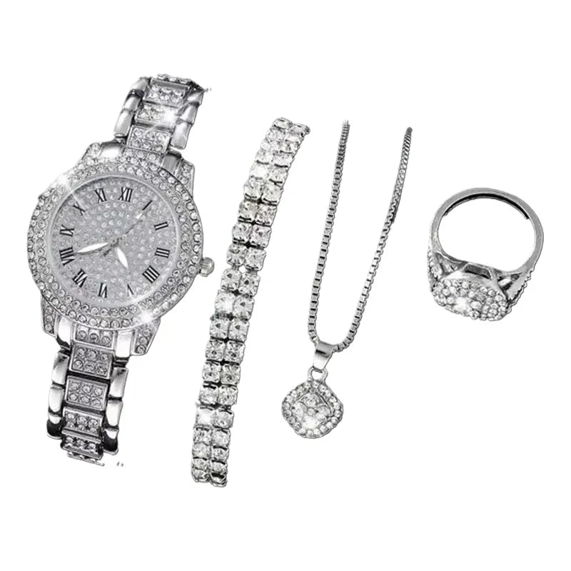 Luxury Watch & Jewelry Set – Gold, Silver & Rose Gold Bling Edition (5PCS)