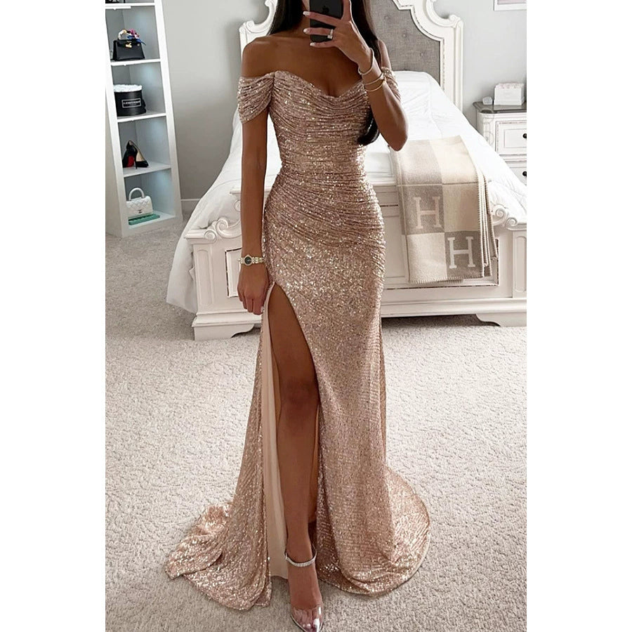 Sequin One Line Neck Split Dress