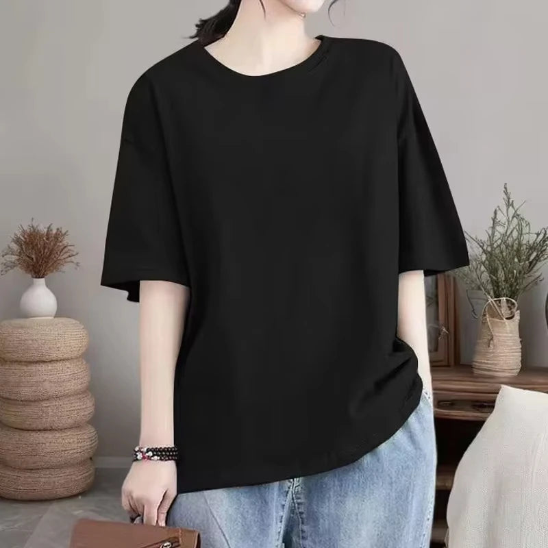 Women's Summer Basic T-Shirt Short Sleeve 100% Cotton Soft Plain Top Casual Sports Loose Comfortable Breathable T-Shirt