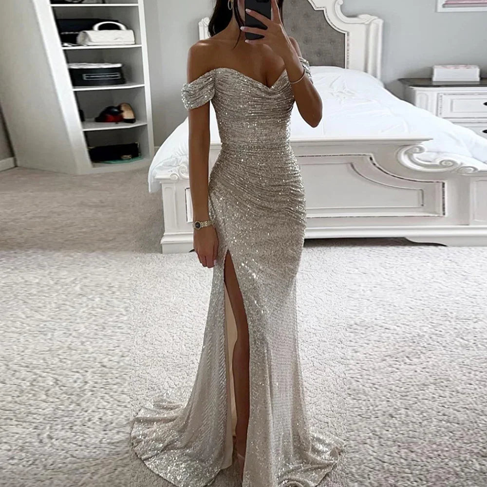 Elegant Off-Shoulder Sequin Evening Gown – Signature Party Edition | Stylist Frantz