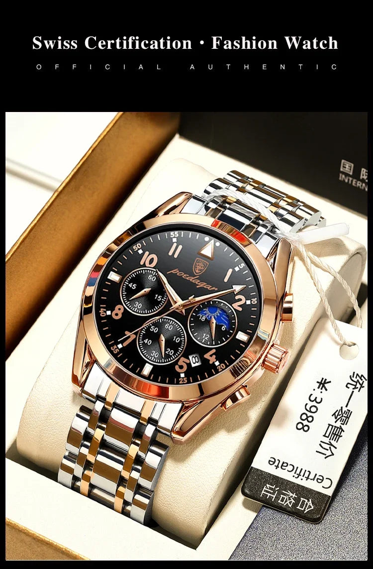 Men’s Premium Stainless Steel Watch – Waterproof Luminous Quartz Timepiece