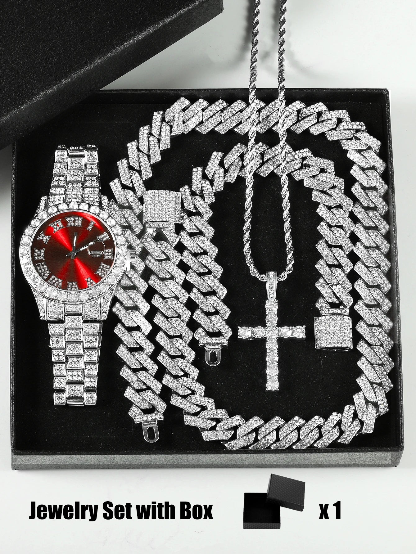 Iced-Out Luxury Watch & Cuban Chain Set – Cross Pendant Edition (Unisex)