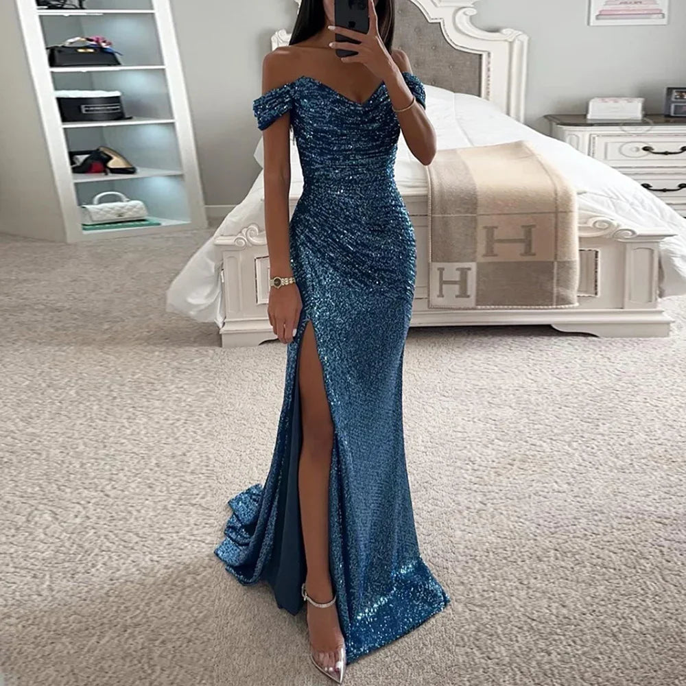 Elegant Off-Shoulder Sequin Evening Gown – Signature Party Edition | Stylist Frantz