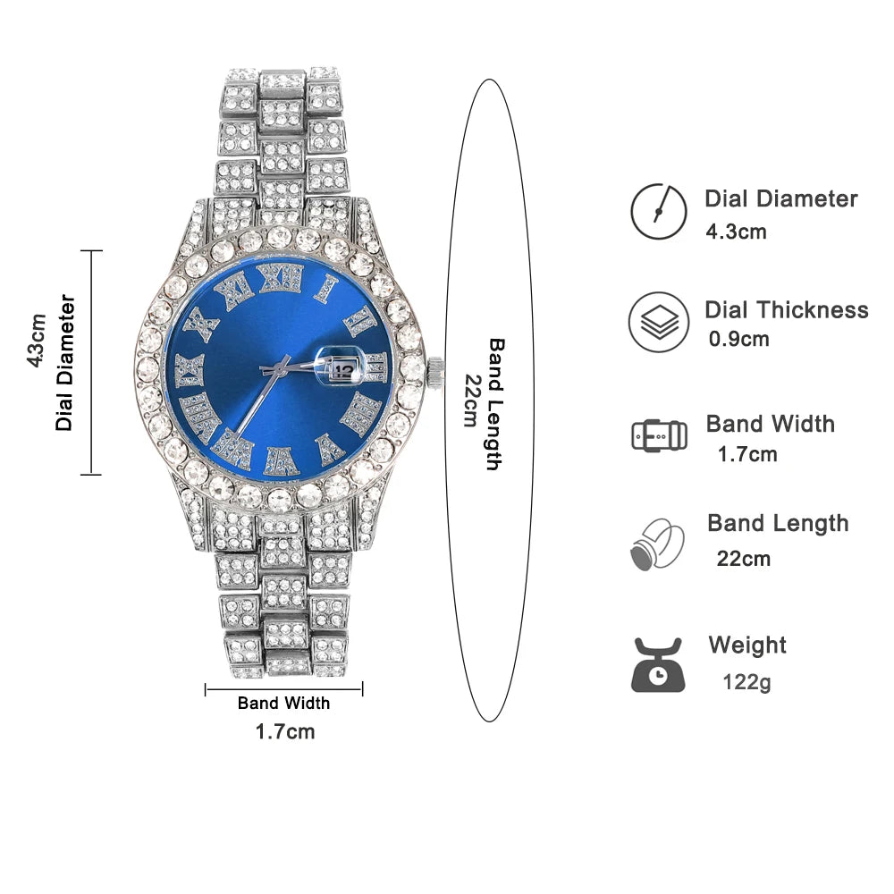 Iced-Out Luxury Watch & Cuban Chain Set – Cross Pendant Edition (Unisex)