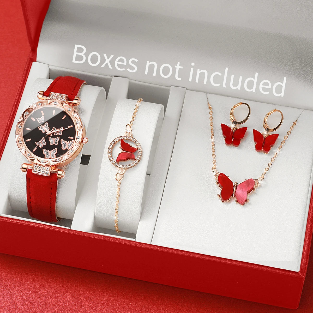 Luxury Women’s Watch & Jewelry Set – Butterfly Red Edition (5PCS)