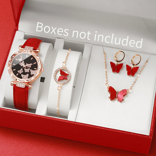 Luxury Women’s Watch & Jewelry Set – Butterfly Red Edition (5PCS)