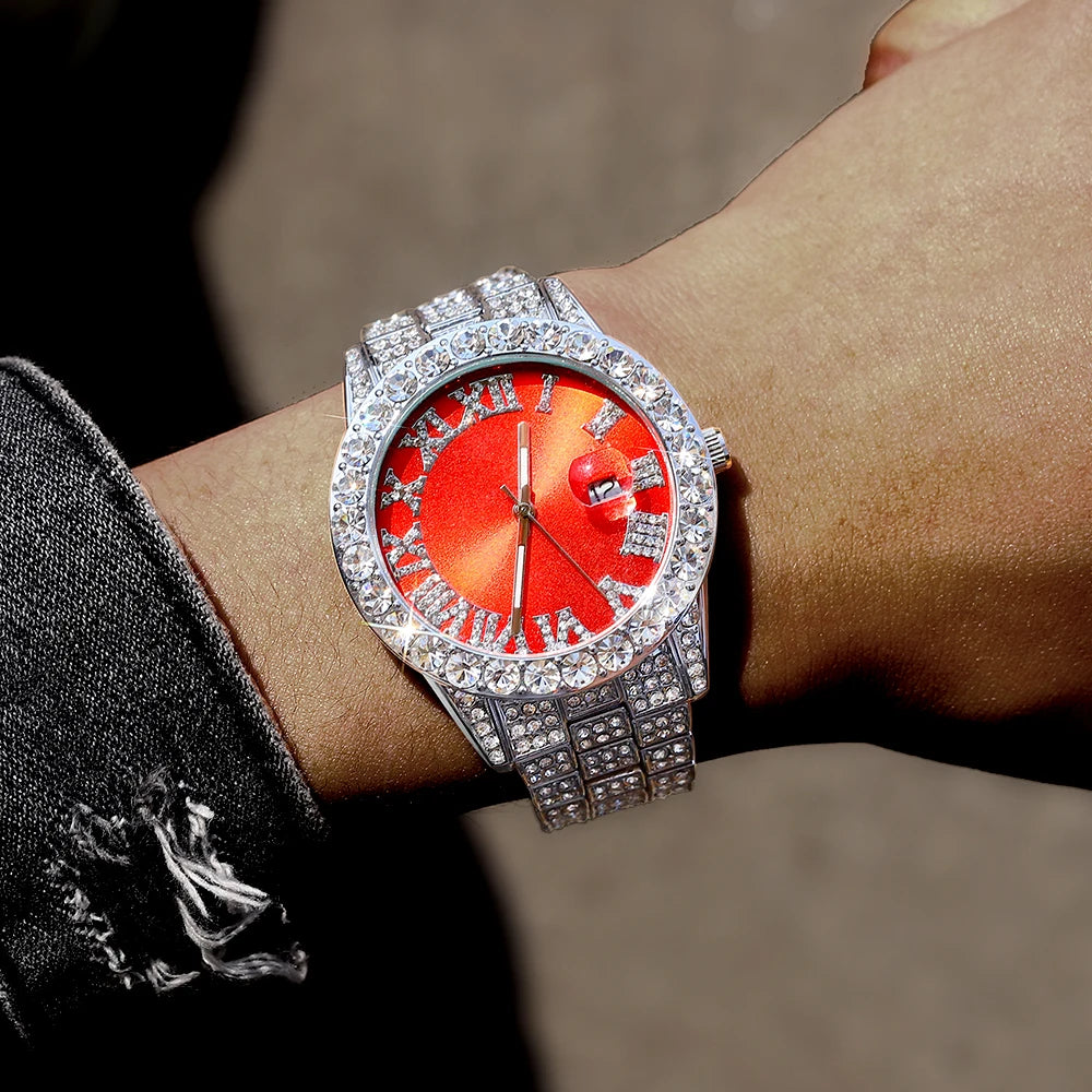 Iced-Out Luxury Watch & Cuban Chain Set – Cross Pendant Edition (Unisex)