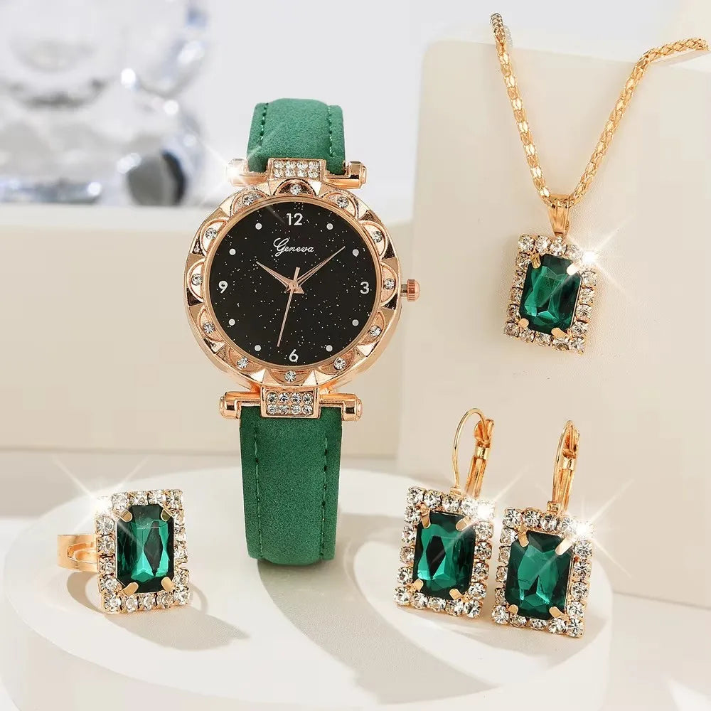 Luxury Women’s Watch & Jewelry Set – Rhinestone Elegance (5-Piece Gift Set)