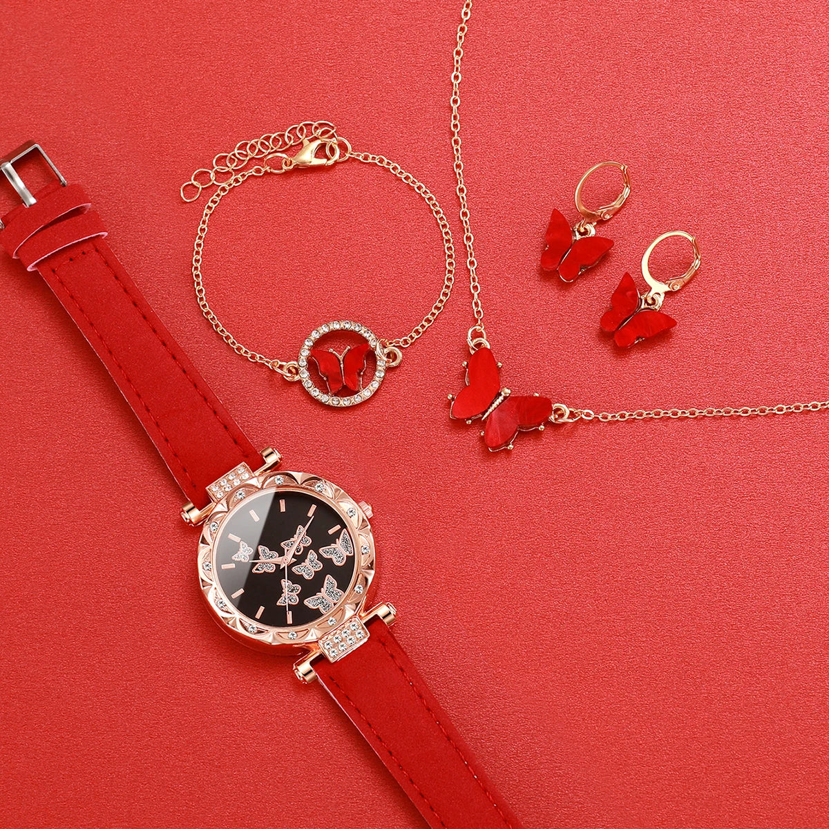Luxury Women’s Watch & Jewelry Set – Butterfly Red Edition (5PCS)