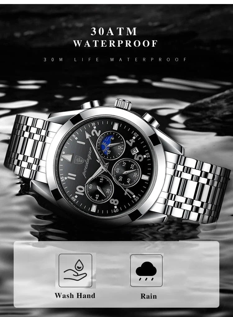 Men’s Premium Stainless Steel Watch – Waterproof Luminous Quartz Timepiece