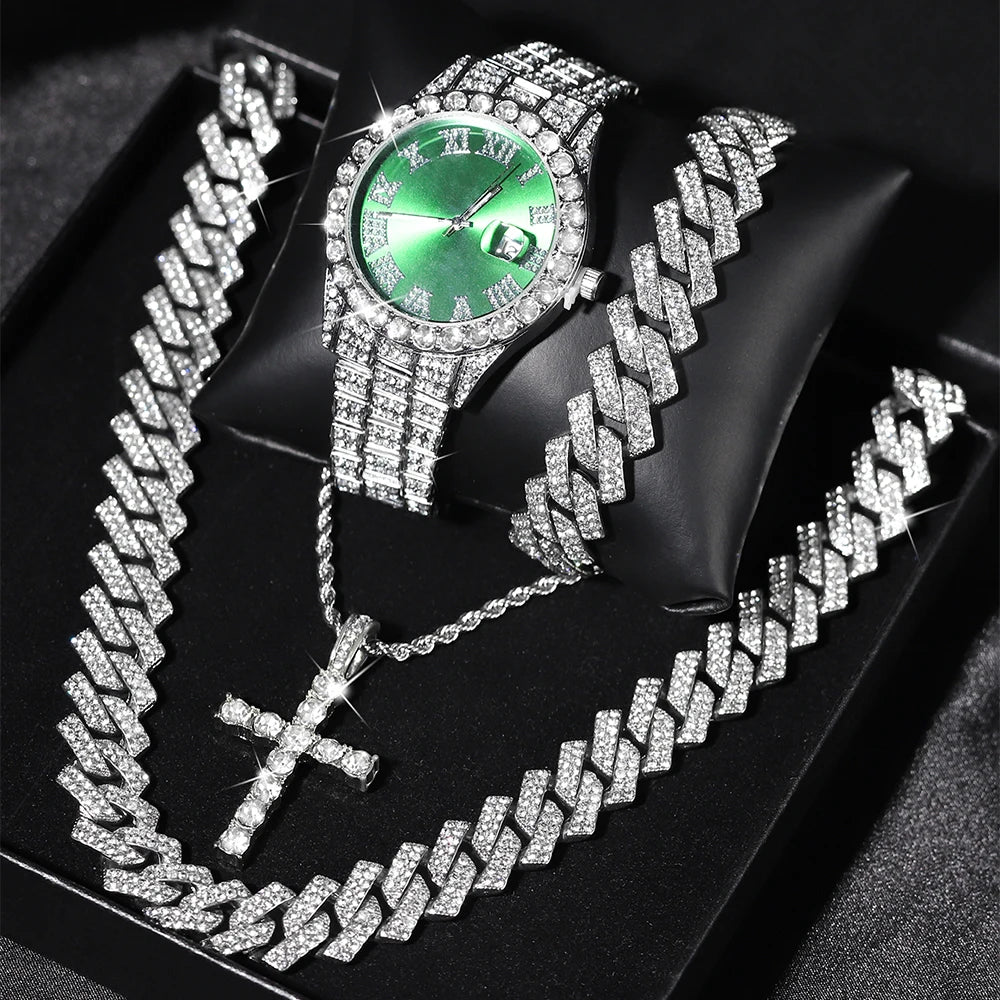 Iced-Out Luxury Watch & Cuban Chain Set – Cross Pendant Edition (Unisex)