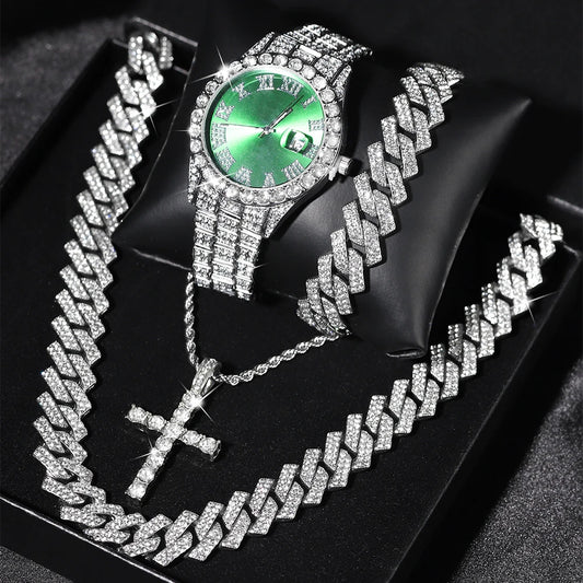 Iced-Out Luxury Watch & Cuban Chain Set – Cross Pendant Edition (Unisex)