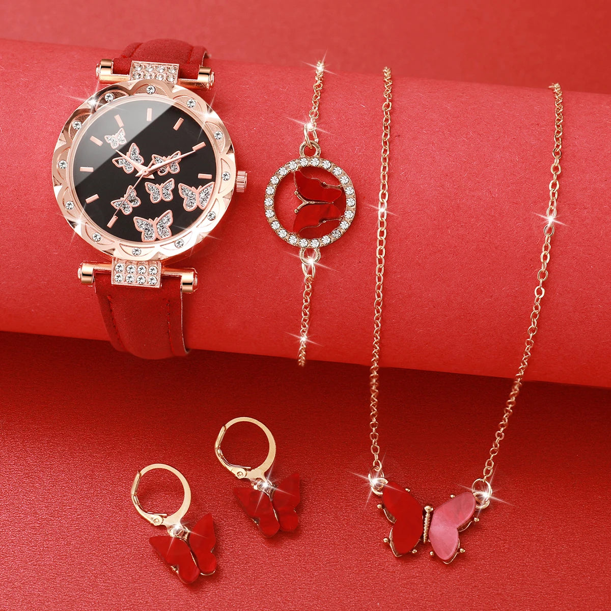 Luxury Women’s Watch & Jewelry Set – Butterfly Red Edition (5PCS)